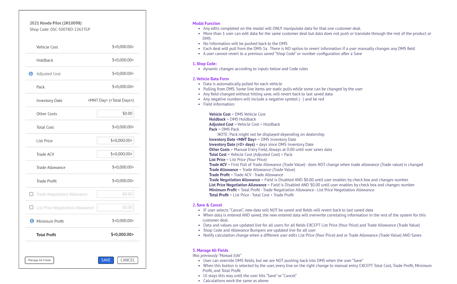 Annotated engineering handoff documenting calculations and field behavior